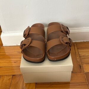 M. Gemi Brown Double-Buckle Leather Slide Sandals